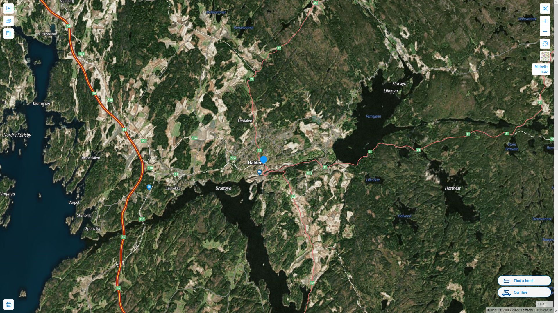 Halden Norvege Autoroute et carte routiere avec vue satellite